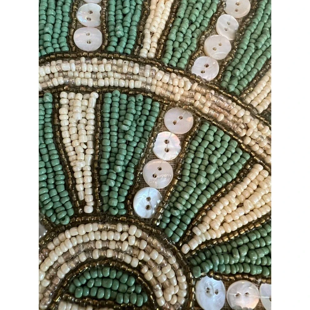 Pier 1 vintage placemat snail beaded green ivory beaded heavy large set of 4